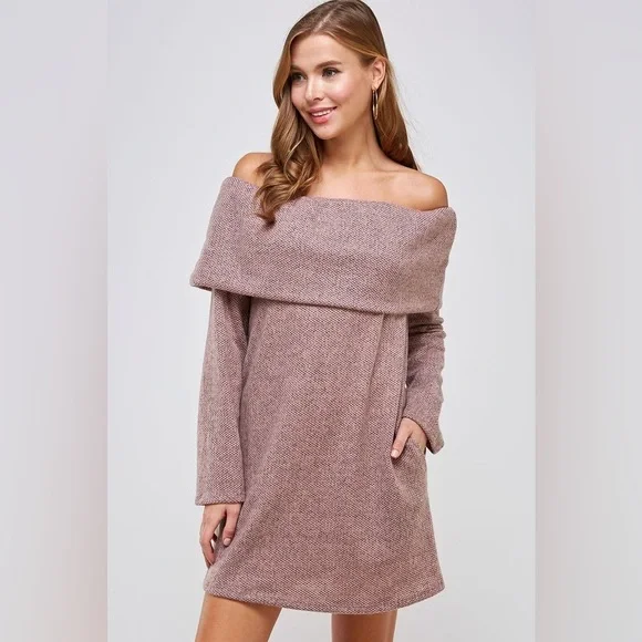 Off the Shoulder Knit Fold Over Sweater Dress with Pockets - Picture 4 of 5
